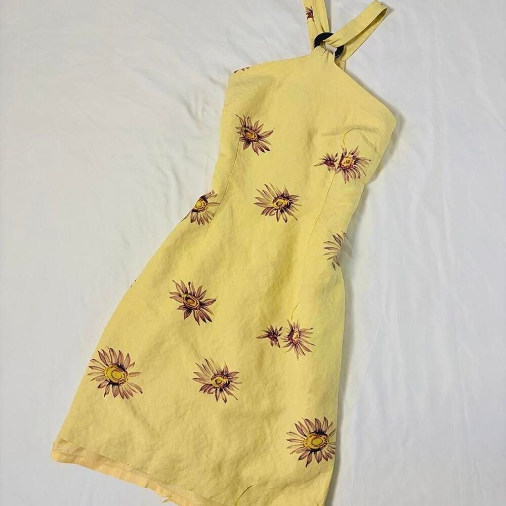 Donna-morgan Women's Yellow sunflower print fitted linen blend halter mini dress